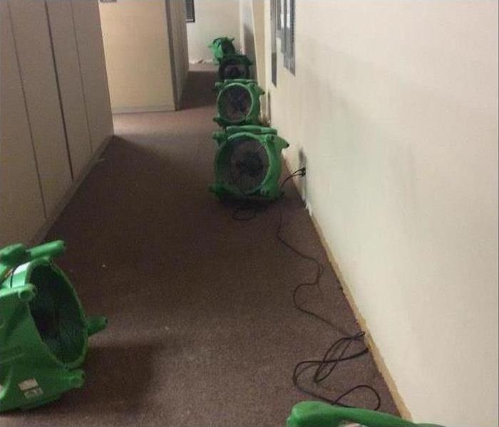 fans drying an office hallway